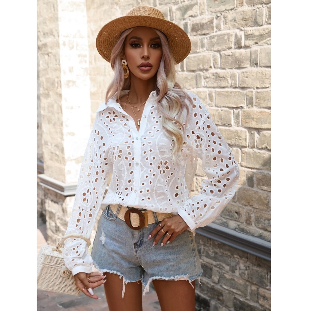 White Boho Eyelet Button Down Shirt Bishop Long Sleeves - Picture 3 of 9